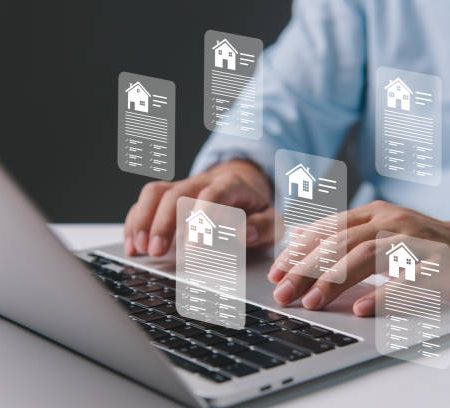 Real estate concept business, home insurance and real estate protection. Buy and sell houses and real estate online on a virtual screen